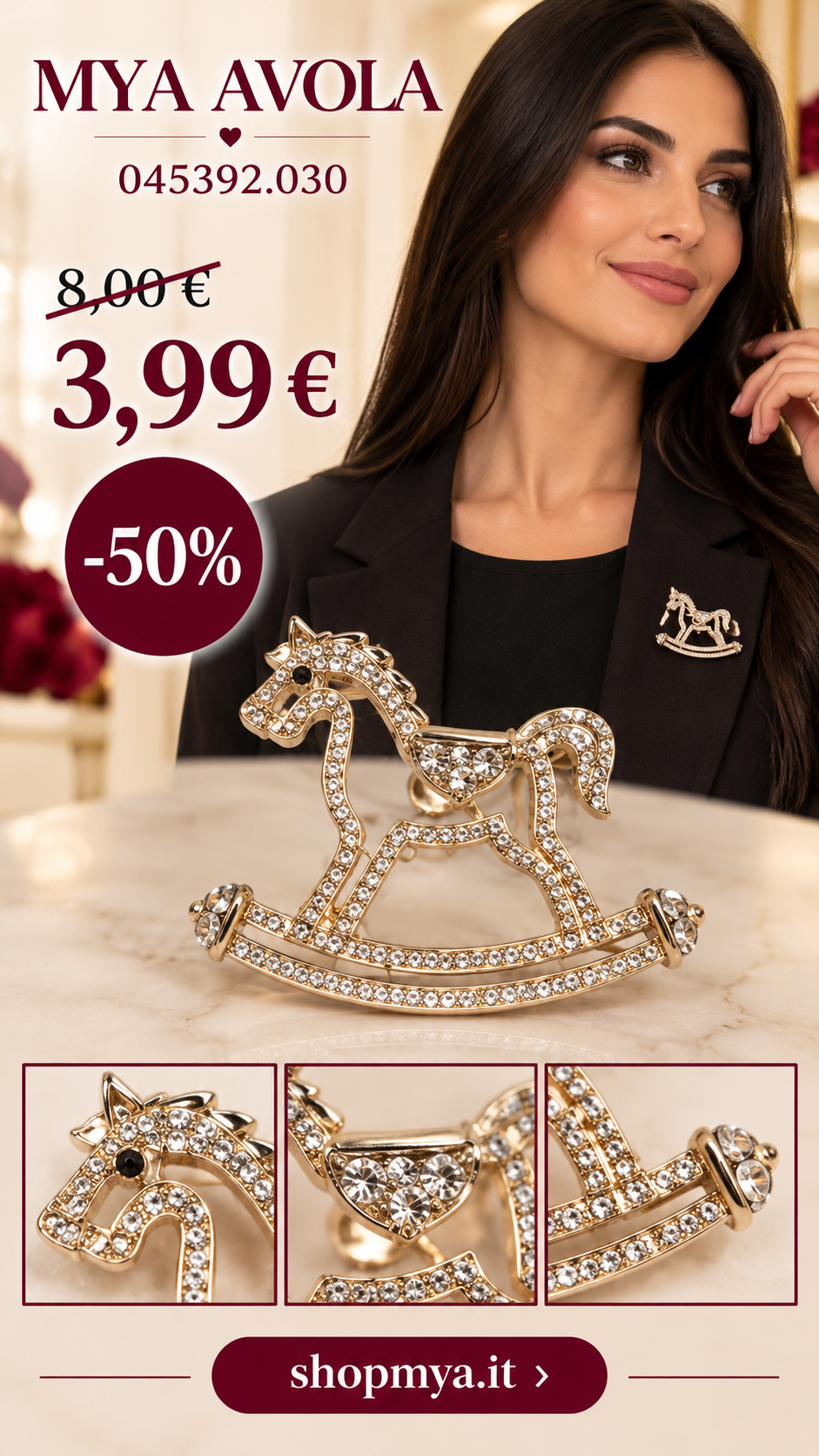 MYA 045392.030 – Spilla strass cavalluccio – 045392.030, prezzo 3.99 euro