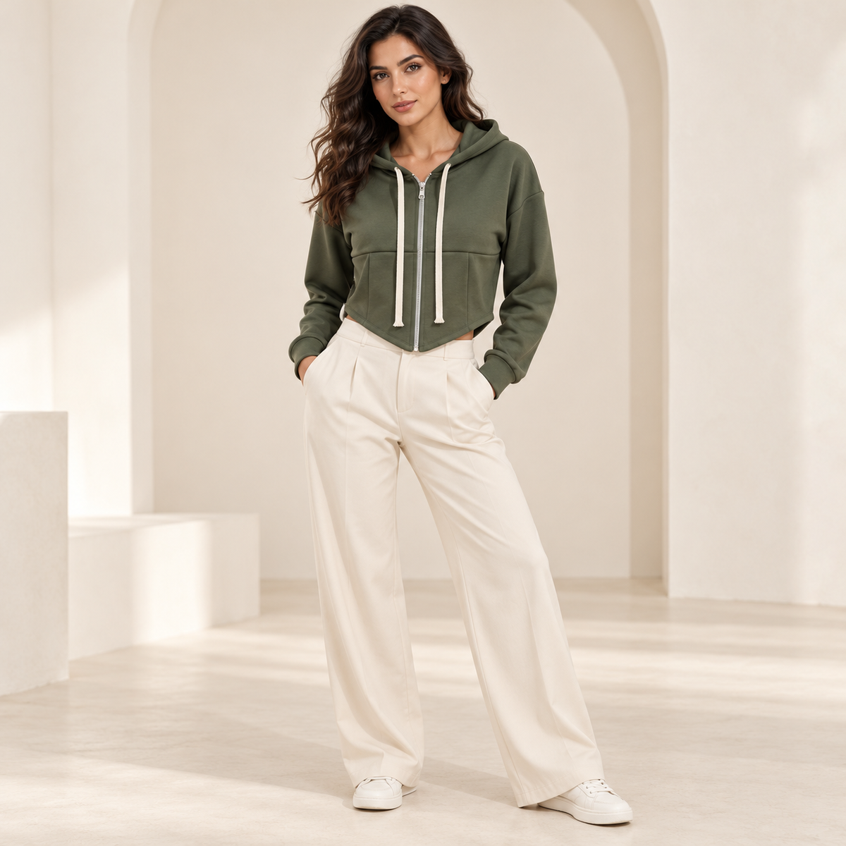 Felpa cropped donna Verde militare – 045704.239