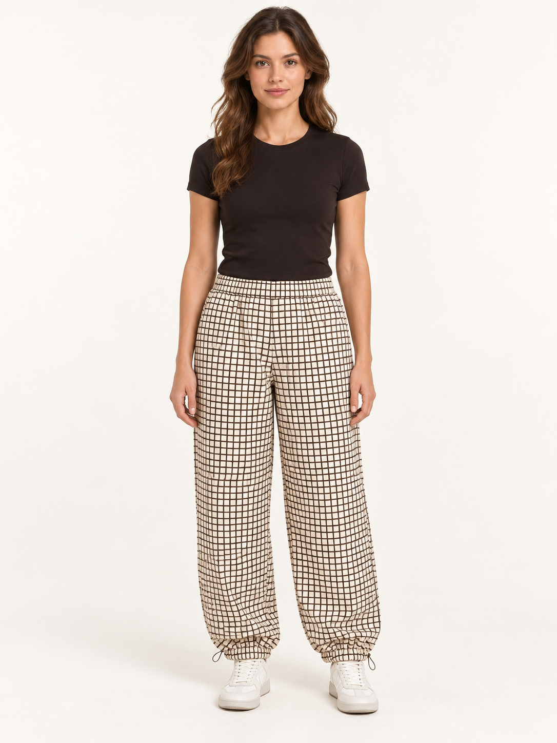 Pantalone tecnico a quadri con fondo arricciato, esempio assortimento, vista fronte