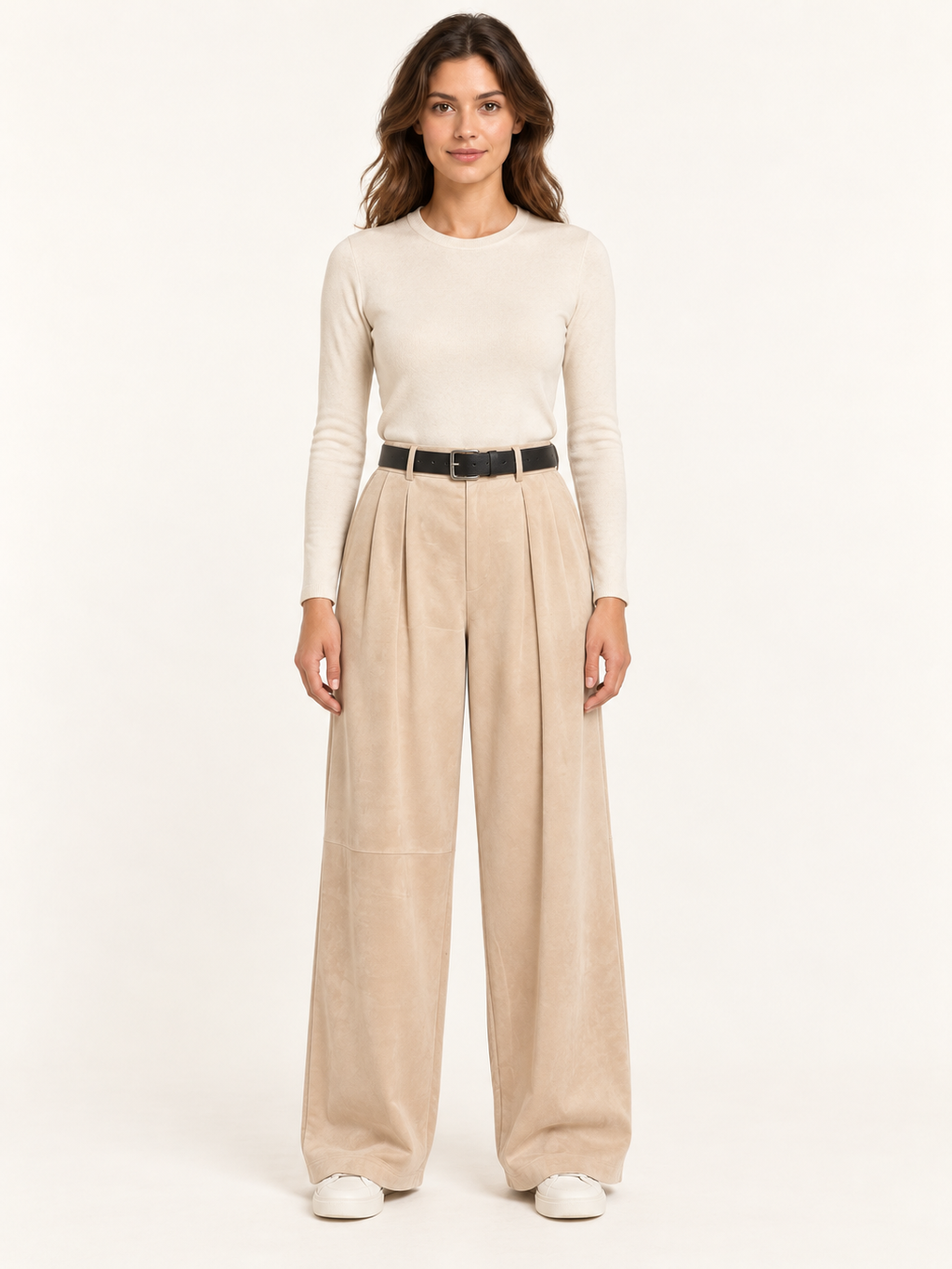 Pantalone effetto daino a gamba ampia, esempio assortimento, vista fronte