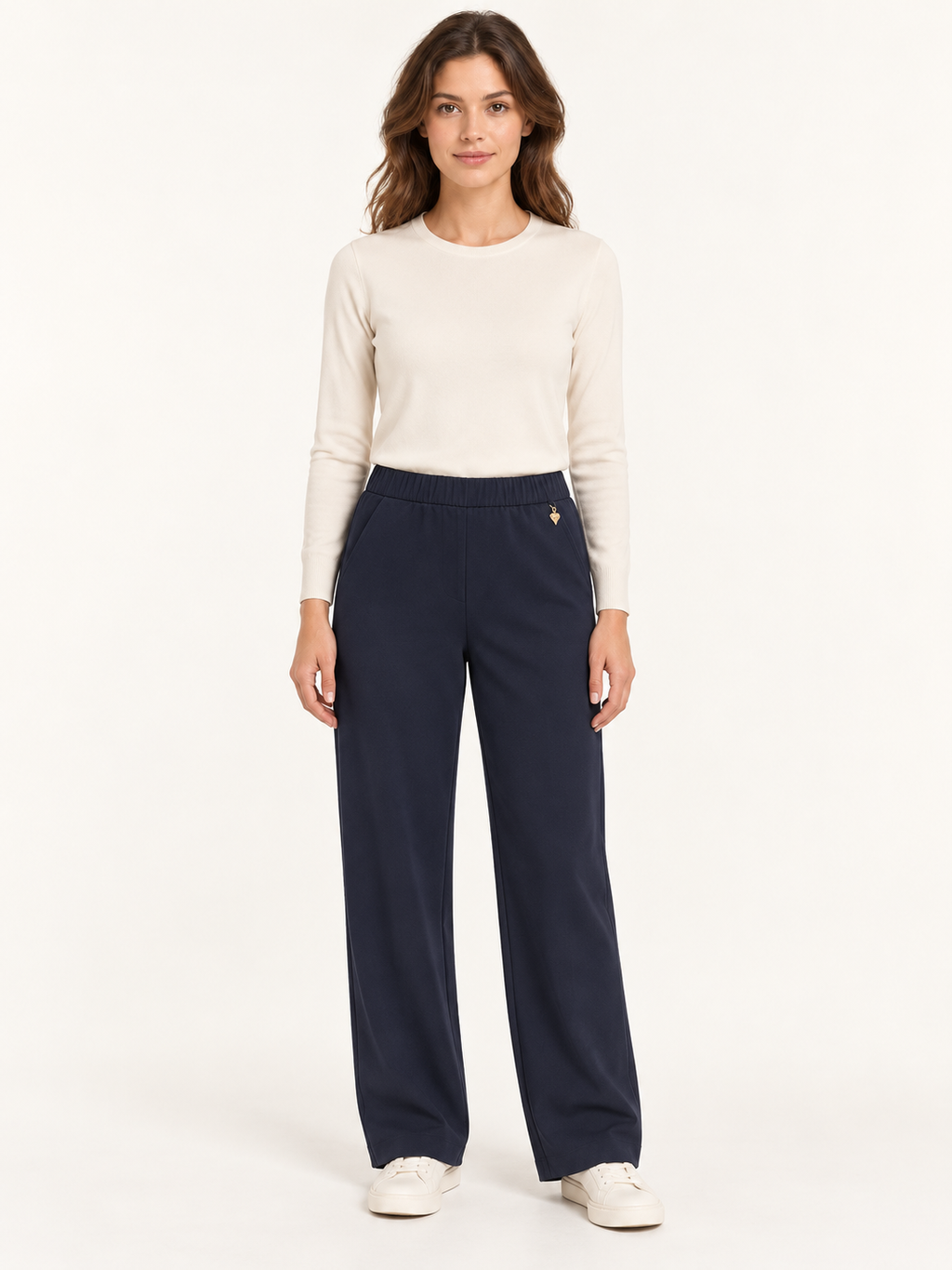 Pantalone con vita elasticizzata e dettaglio dorato, Blu, vista fronte
