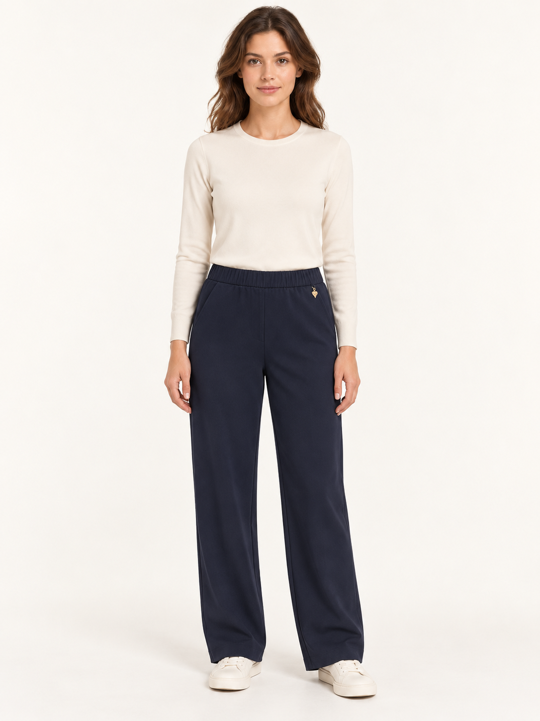 Pantalone con vita elasticizzata e dettaglio dorato, Blu, vista fronte
