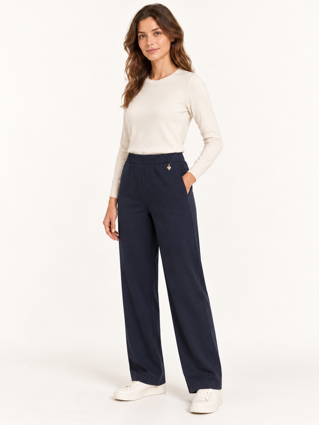Pantalone con vita elasticizzata e dettaglio dorato, Blu, vista tre quarti