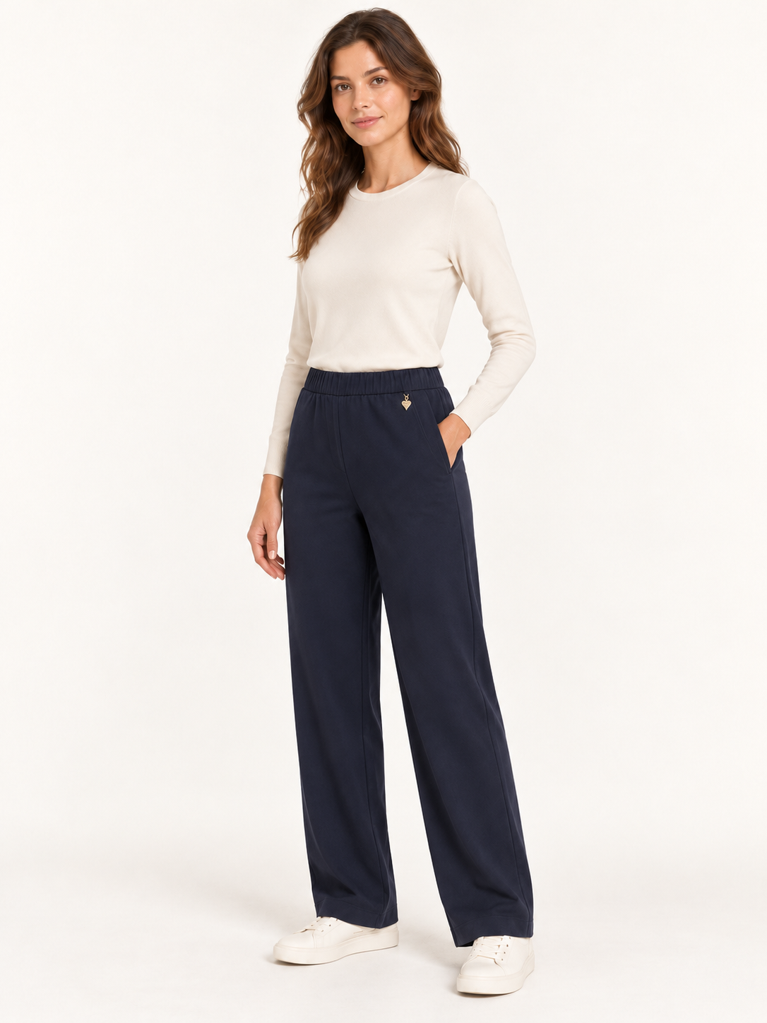 Pantalone con vita elasticizzata e dettaglio dorato, Blu, vista tre quarti