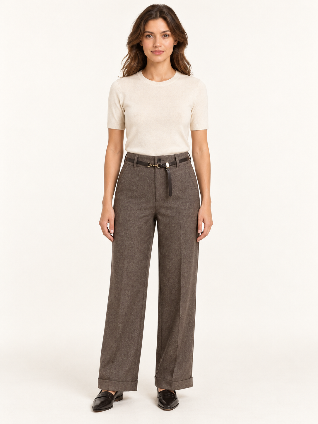 Pantalone mélange con cintura e risvolto, Marrone, vista fronte