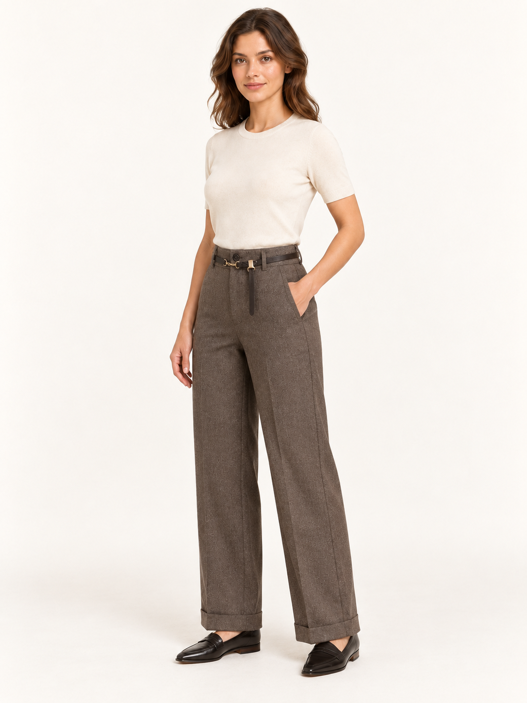Pantalone mélange con cintura e risvolto, Marrone, vista tre quarti
