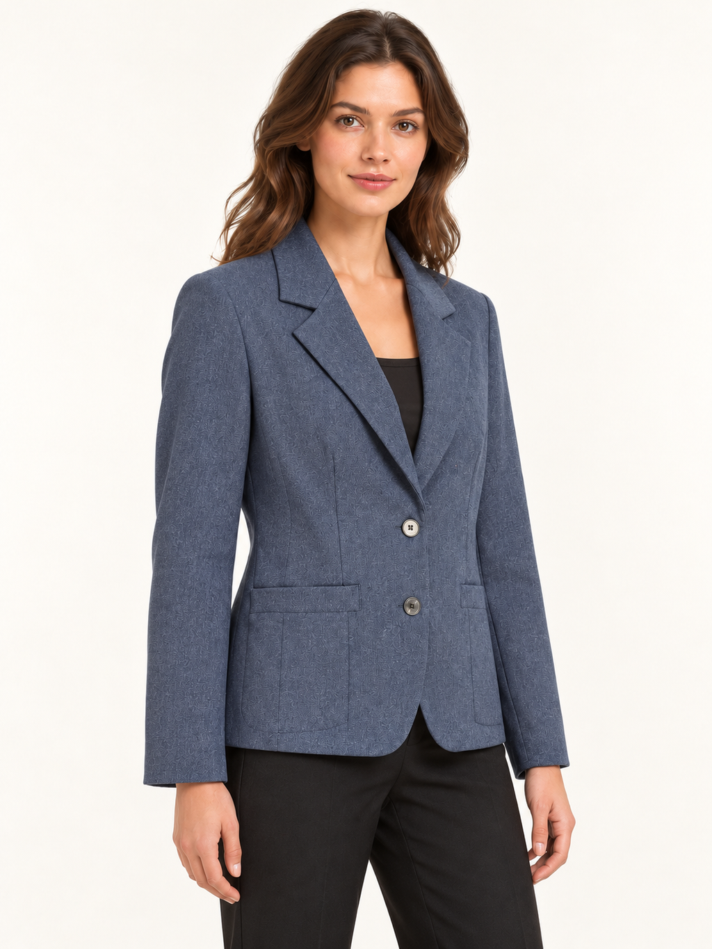Blazer mélange a due bottoni con tasche applicate, esempio assortimento, vista tre quarti